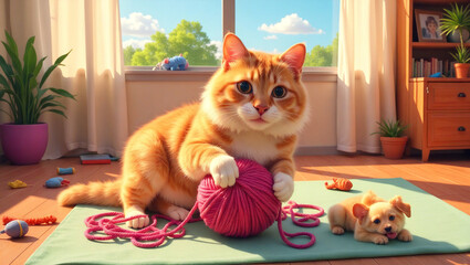 Fluffy cat playing with a tangled ball of yarn in a vibrant living room with cheerful atmosphere