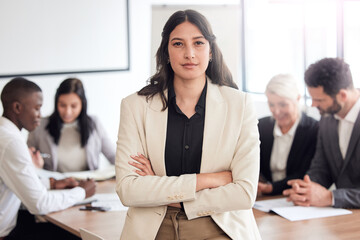 Business woman, confident and portrait in meeting, employee and proud of leadership opportunity....