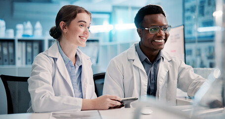 Tablet, scientist and team talking in lab for medical breakthrough, innovation or deadline. Smile,...