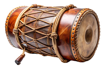 Traditional ethnic drums used for music and rhythm with wooden bodies and leather tops isolated on white background . Traditional drum illustration on white
