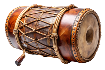 Traditional ethnic drums used for music and rhythm with wooden bodies and leather tops isolated on white background . Traditional drum illustration on white