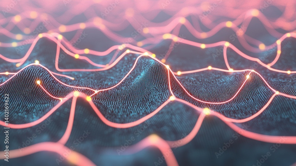 Poster abstract illustration of interconnected lines and nodes in a landscape