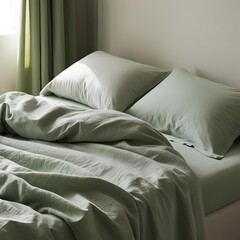 Morning aesthetics, soft light over green bed linen, soft textile and minimalist colors. 