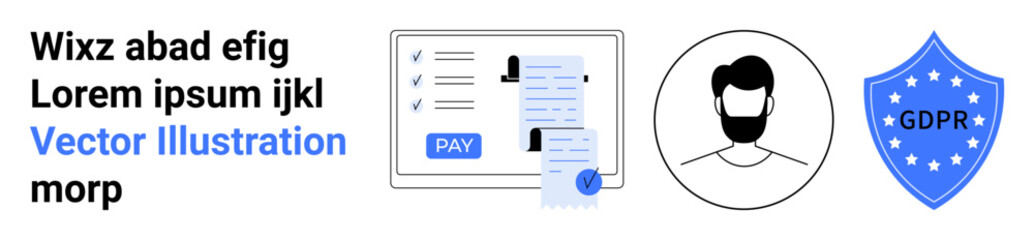 Payment screen with checklist, document icon, profile avatar, and GDPR security shield. Ideal for financial transactions, user verification, privacy, compliance, security trust modern technology
