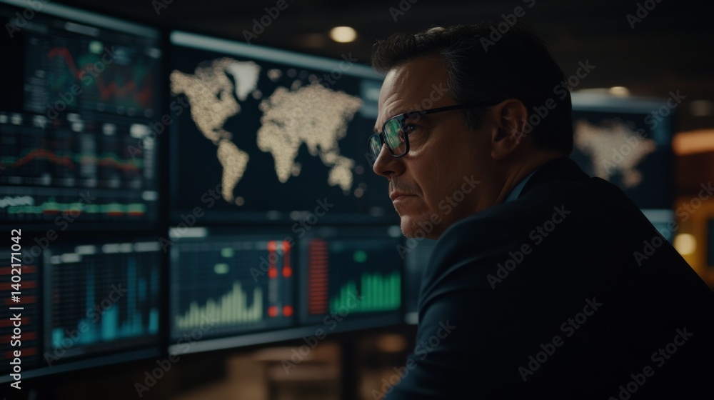 Aufkleber focused cybersecurity analyst reviews data streams as graphs and maps illuminate their face, highlig