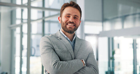 Smile, business and man with arms crossed for portrait of about us, corporate career and financial ambition. Accountant, confidence and accounting company, investment consultant and asset management