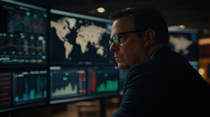 Fototapeta premium Focused cybersecurity analyst reviews data streams as graphs and maps illuminate their face, highlighting the intensity of their work in a darkened setting
