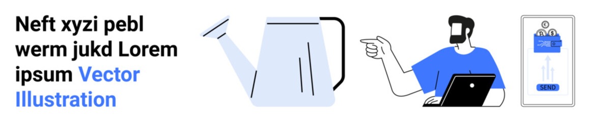 Man with laptop pointing, watering can illustration, smartphone with user interface. Ideal for tech, communication, app development, productivity, gardening tech, education flat landing page banner