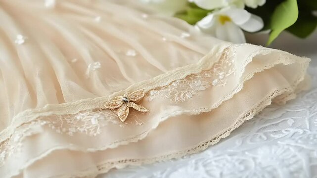 Delicate, sheer, pastel-colored,  lace trimmed undergarment.  Soft, textured fabric with intricate detailing.  Floral accents