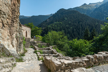Stairs leading to the Sumela Monastery at Mela Mountain in Turkey near Trabzon. Built in mountain