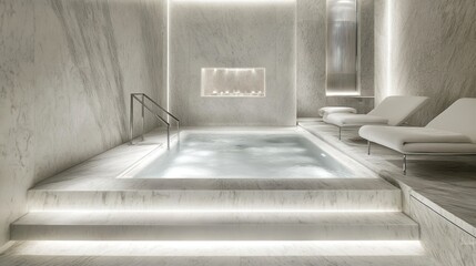 A luxurious indoor spa area with pool and relaxation chairs