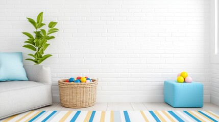 Cozy and Bright Basement Playroom with White Brick Walls, Colorful Decor, and a Touch of Nature for a Cheerful Atmosphere