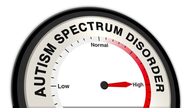 Autism Spectrum Disorder text or word displayed with a barometer or tachometer-style gauge showing levels from low to normal to high, symbolizing the spectrum of neurodevelopmental conditions