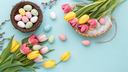 easter chocolate eggs and tulips