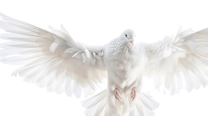 Fototapeta premium Dove of Peace: A Pure White Dove in Mid-Flight, Wings Fully Extended Against a Bright White Background, Symbolizing Freedom, Hope, and Tranquility
