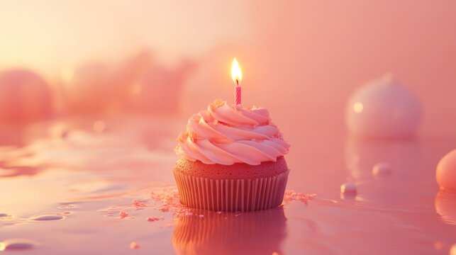 Birthday cupcake with one burning candle in living coral color on festive background, celebrating holiday party, greeting or celebration event in trendy color of the year 2019 for cheerful occasion co