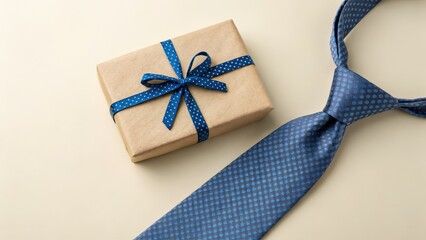 Father's day, Gift-wrapped box and a patterned tie on a neutral background.