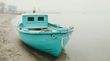 Fototapeta premium Serene Coastal Seascape Vintage Teal Wooden Rowboat on Sandy Shore