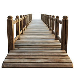 Obraz premium A long wooden boardwalk bridge with evenly spaced vertical railings on each side stretching into distance in perspective view isolated on transaprent background