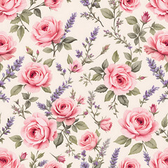 Seamless Vintage Floral Pattern with Pink Roses and Lavender