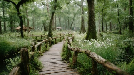 Obraz premium Serene Wooden Path Winding Through Lush Green Forest