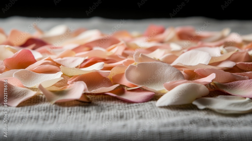 Poster pastel flower petals and tiny white blooms are artfully arranged on a faded linen cloth, creating a 