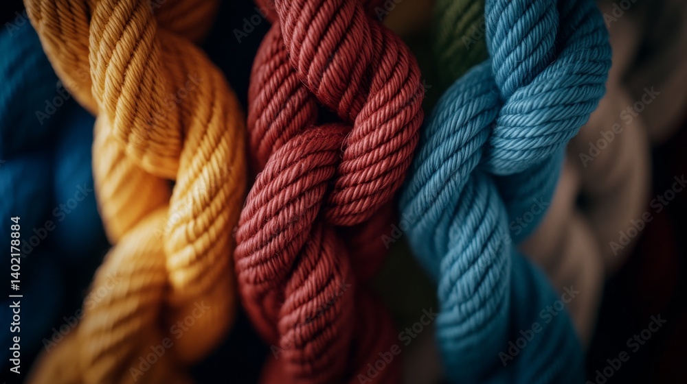 Poster Multiple colored ropes twist together, forming a strong braid set against a two-tone background that embodies collaboration and the power of unity in diversity