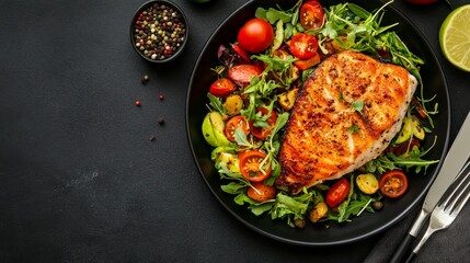 A flaky, golden pan-seared cod fillet is elegantly presented on seasoned vegetables, garnished with cherry tomatoes and microgreens in a fine dining setting