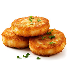 Golden and crispy potato croquettes with a perfectly seasoned coating and creamy potato filling, isolated white background, hyperrealism art style