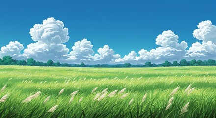 Anime-Style Open Meadow Under Blue Sky