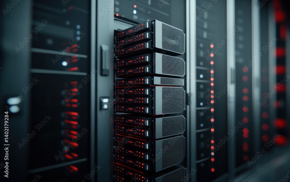 Poster data center server rack with red illumination