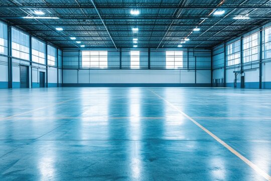 Vast Empty Industrial Warehouse Interior with Polished Concrete Floor and Bright Overhead Lighting