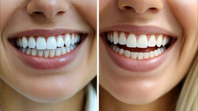 Transformation of smile before and after dental whitening procedure shows improved aesthetics and confidence