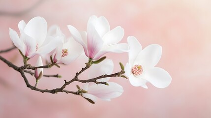 Fototapeta premium Delicate White Magnolia Blossoms on a Branch Against a Soft Pink Background