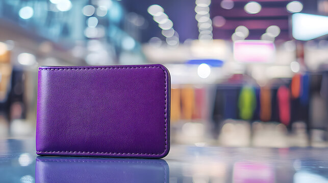 Purple Leather Wallet on Counter: A vibrant purple leather wallet rests on a glossy counter, suggesting a stylish and practical accessory for everyday use.