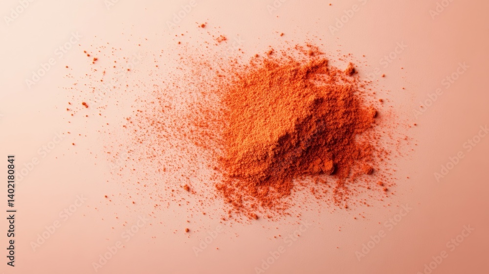Poster red paprika powder bursts in a cloud-like pattern across a beige surface, with soft shadows and scat