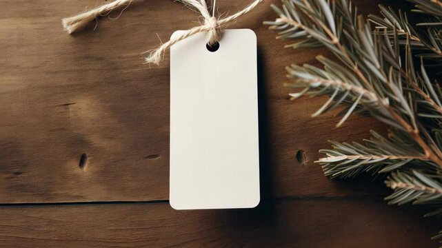 White label tag on a festive background with Christmas ornaments and fir branches. Seasonal gift concept with copy space.