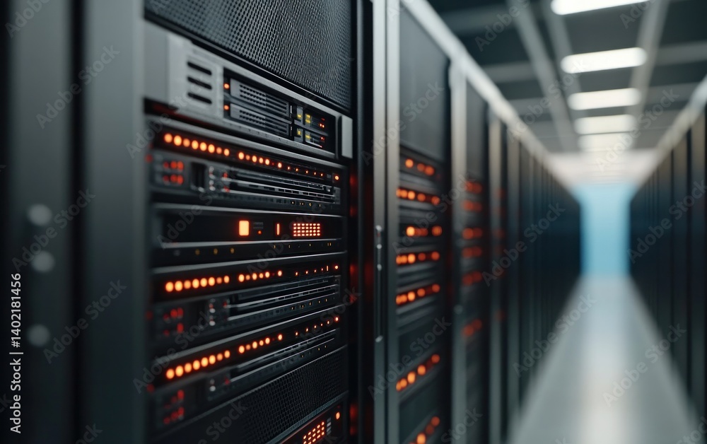 Poster illuminated server racks in modern data center