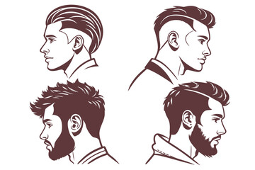 Minimalist men’s hairstyle clipart, grooming,, and barbershop design elements on a white background