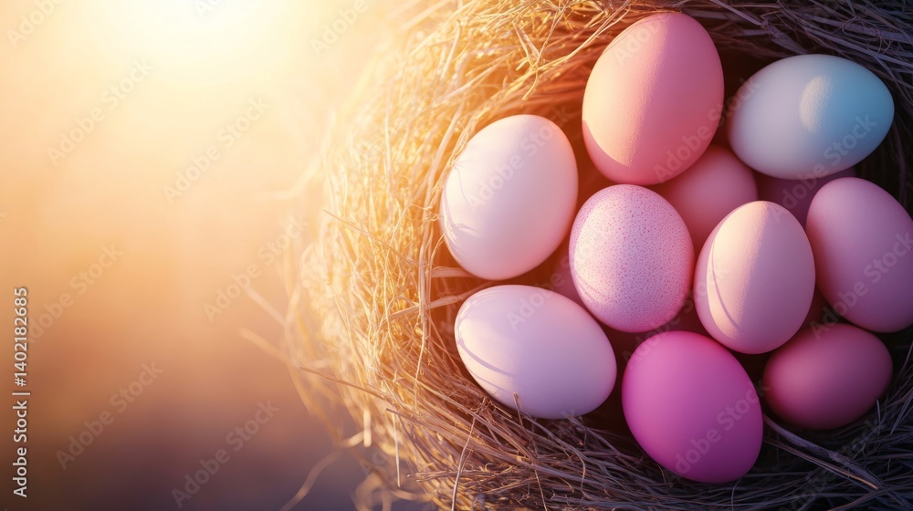 Poster a collection of pastel-colored easter eggs is arranged in a nest of spring flowers, illuminated by s