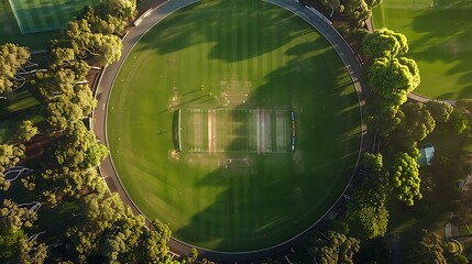 Aerial view of a pristine, circular cricket ground bathed in warm sunlight, showcasing the lush green field and pitch, surrounded by trees casting long shadows. A perfect venue ready for a match.