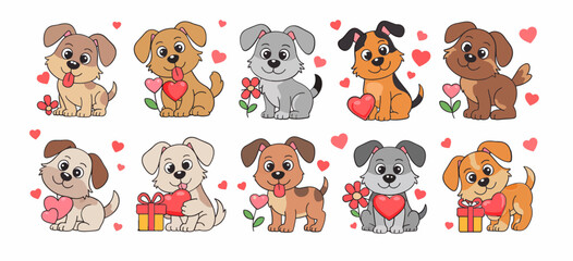 Obraz premium Collection of Cute cartoon dogs in with little heart, flower, gift, white isolate background, vector illustration 