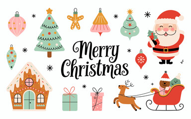 Fototapeta premium A charming Christmas greeting card featuring a set of whimsical, hand-drawn Christmas items on a pristine white background, vector illustration 