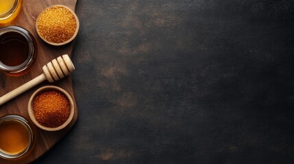 Natural sweeteners such as honey, maple syrup, and raw sugar are elegantly arranged on a wooden board emphasizing their rich textures and warm tones