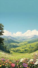 Fototapeta premium Serene mountain valley landscape with wildflowers and grazing cows under a bright blue sky. Ideal for nature, travel, and idyllic scene projects.