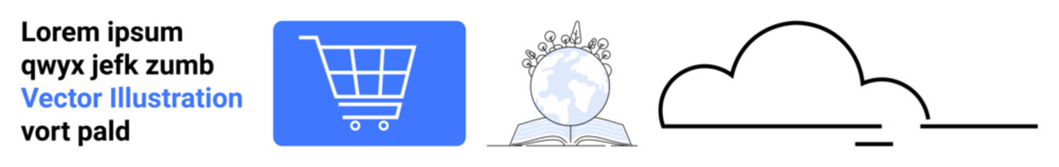 Blue shopping cart, globe with currency signs, and a simplified cloud outline. Ideal for online shopping, global trade, cloud storage, technology, economy, retail simple landing page