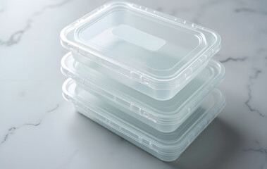 Modern Storage Mockup – Translucent Stackable Containers with White Lid Labels on Marble | Minimalist Organization Kit