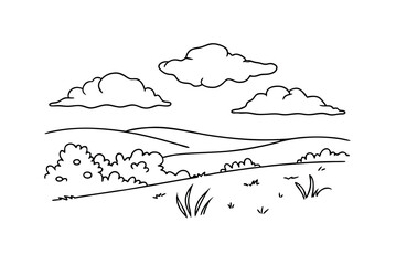 Simple Line Art Landscape Illustration With Clouds And Hills Vector Design