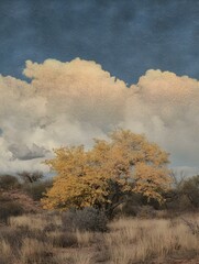 Serene autumnal landscape featuring a golden tree under a dramatic cloudy sky.