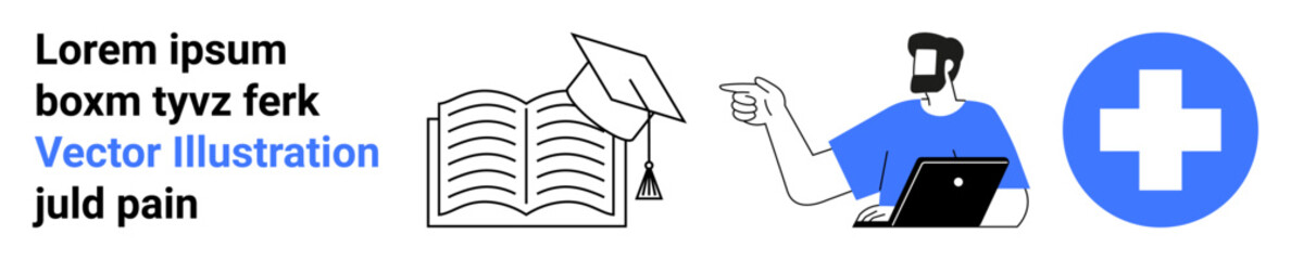 Open book with graduation cap, professional using laptop, blue medical cross. Ideal for education, e-learning, healthcare, remote work, guidance, innovation flat landing page banner
